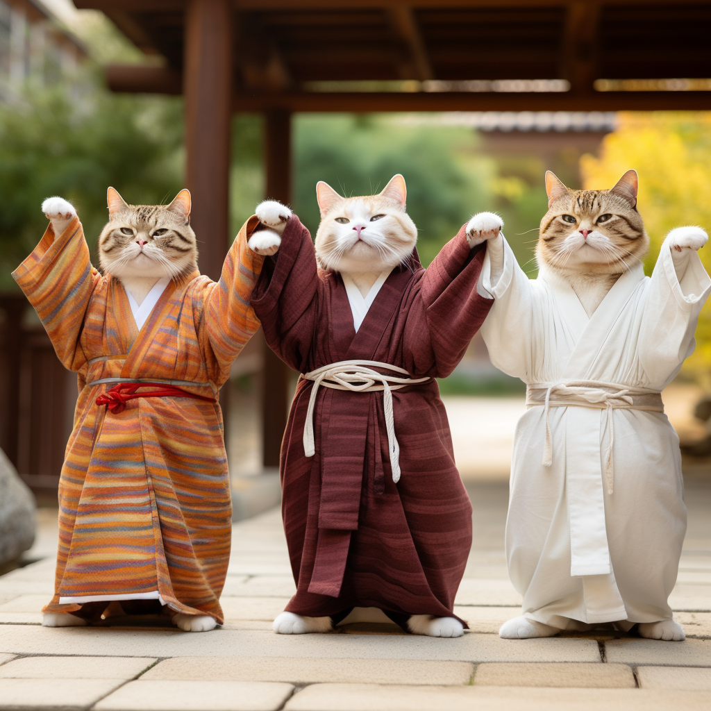 picture three cats with togas on paws raised 